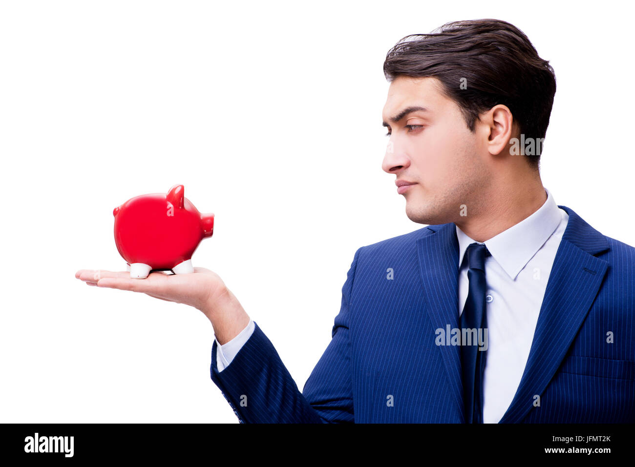 Handsome man with piggybank isolated on white Stock Photo - Alamy