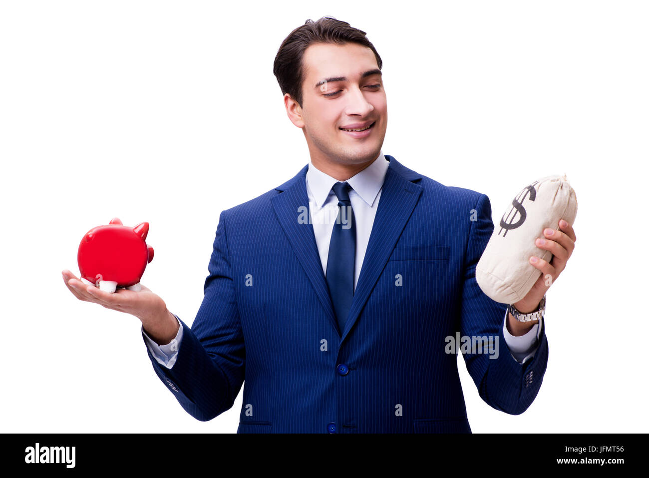 Handsome man with piggybank isolated on white Stock Photo - Alamy