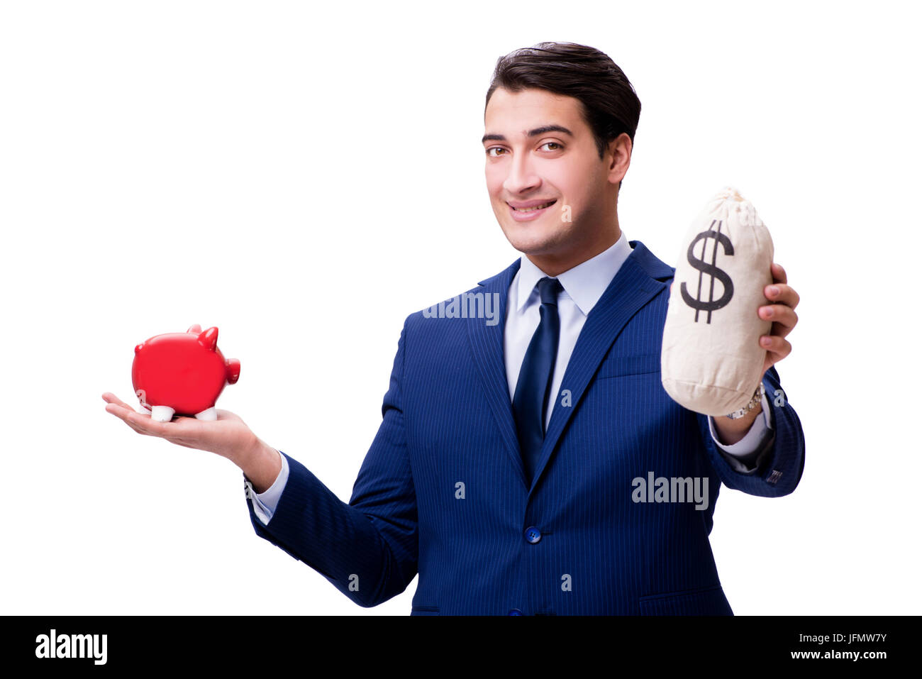 Handsome man with piggybank isolated on white Stock Photo - Alamy