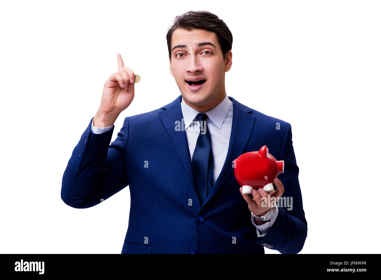 Handsome man with piggybank isolated on white Stock Photo - Alamy