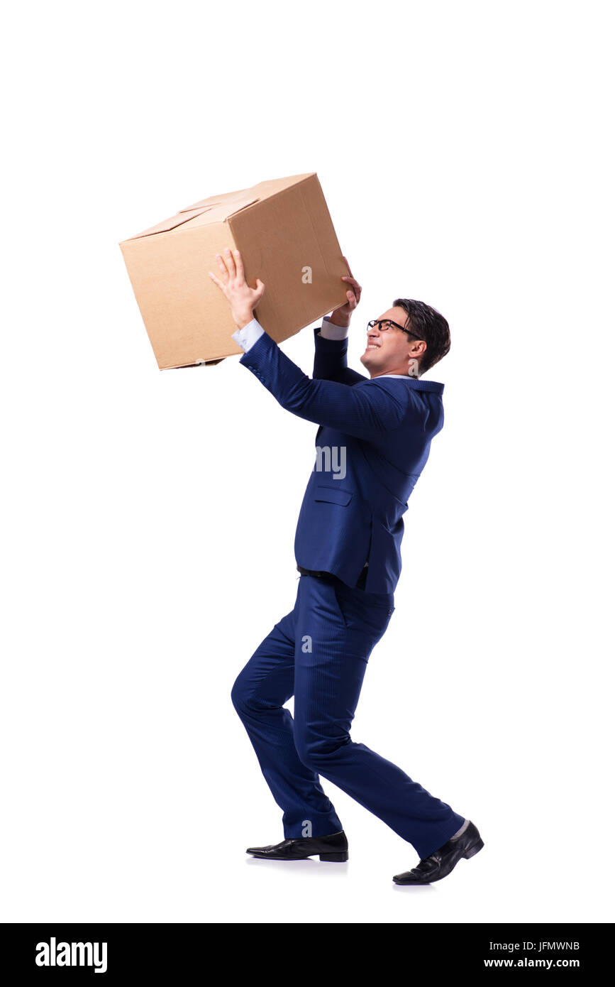 Businessman lifting box isolated on white Stock Photo