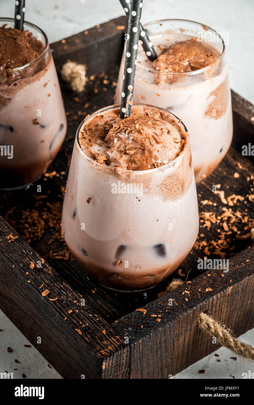Summer refreshment drinks. Chilled iced chocolate cocoa. With scoop of