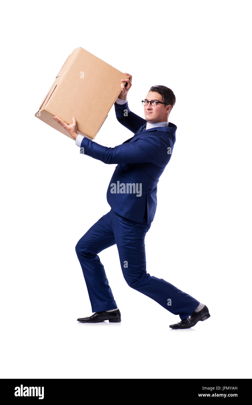 The businessman lifting box isolated on white Stock Photo