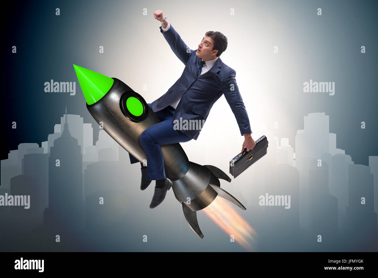 The male businessman flying on rocket in business concept Stock Photo ...