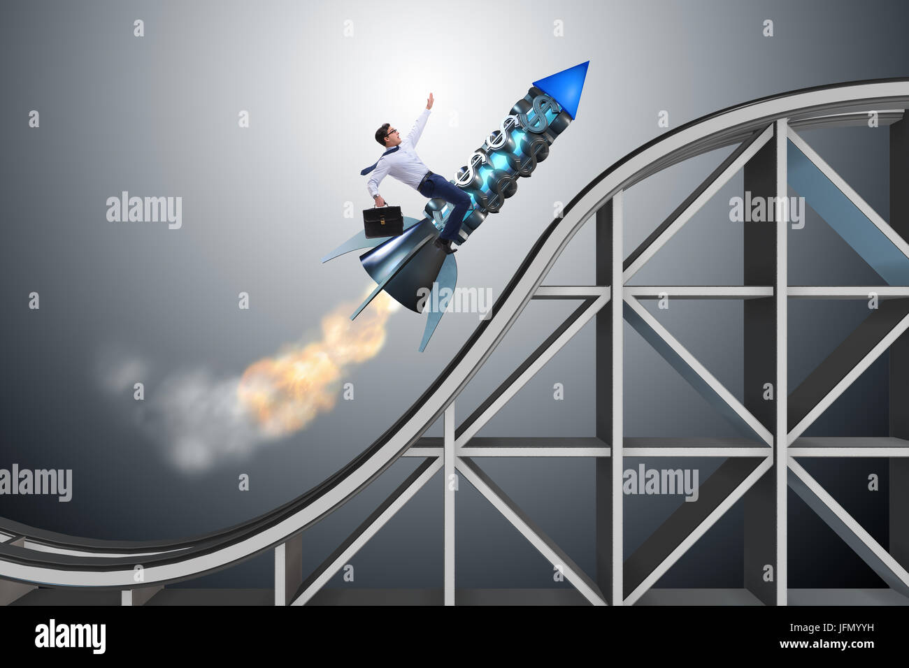The male businessman flying on rocket in business concept Stock Photo ...