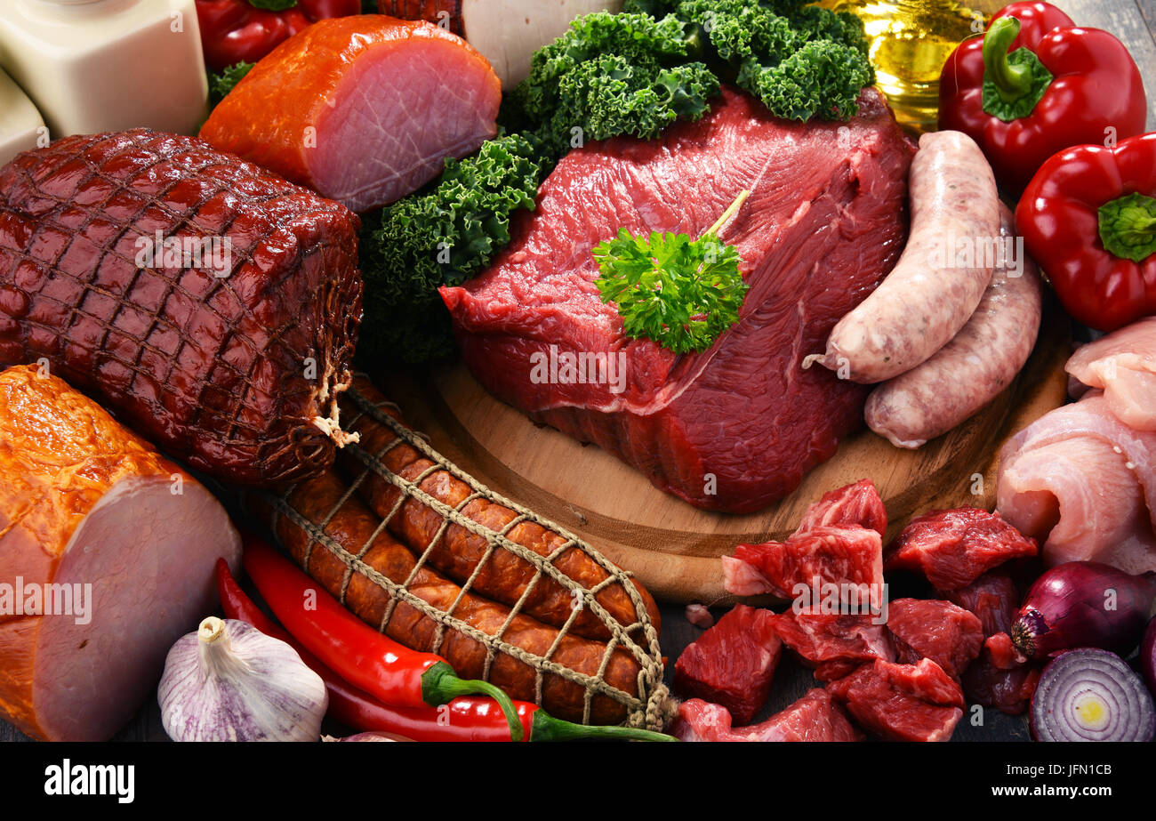 Variety of meat products including ham and sausages Stock Photo Alamy