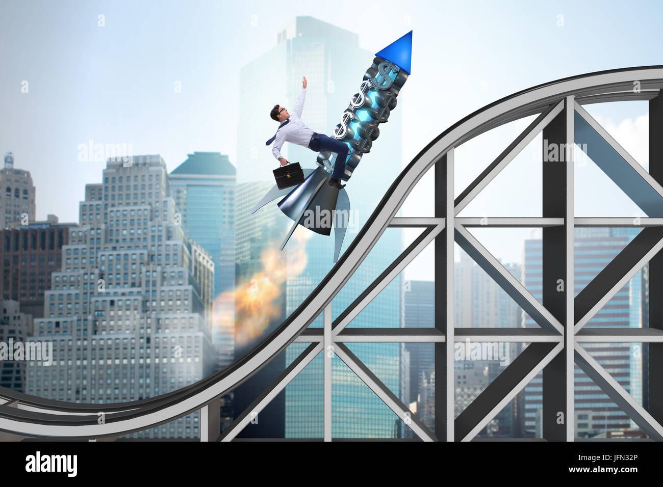 The male businessman flying on rocket in business concept Stock Photo ...