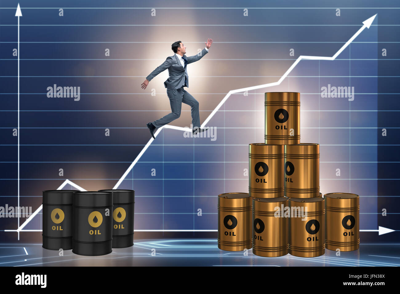 The businessman jumping from stack of oil barrels Stock Photo Alamy