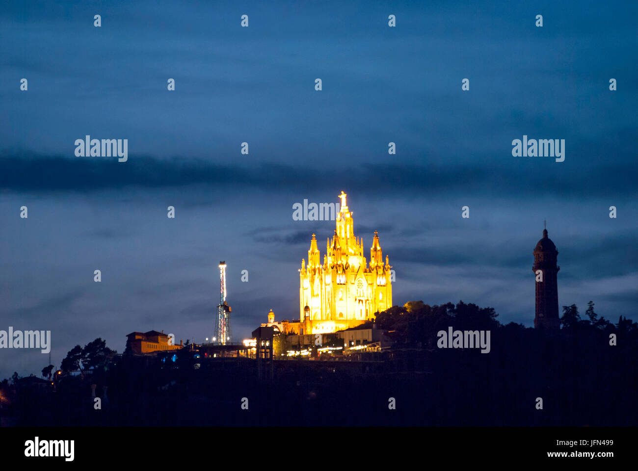 Tibidabo church at night, Barcelona, Spain Stock Photo