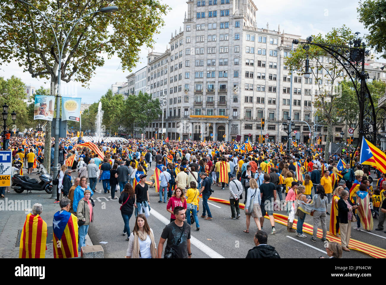 BARCELONA, SPAIN - SEPTEMBER 11: People joining the human chain 'Catalan Way' crossing all Catalonia, silent demonstration for independent Catalonia i Stock Photo