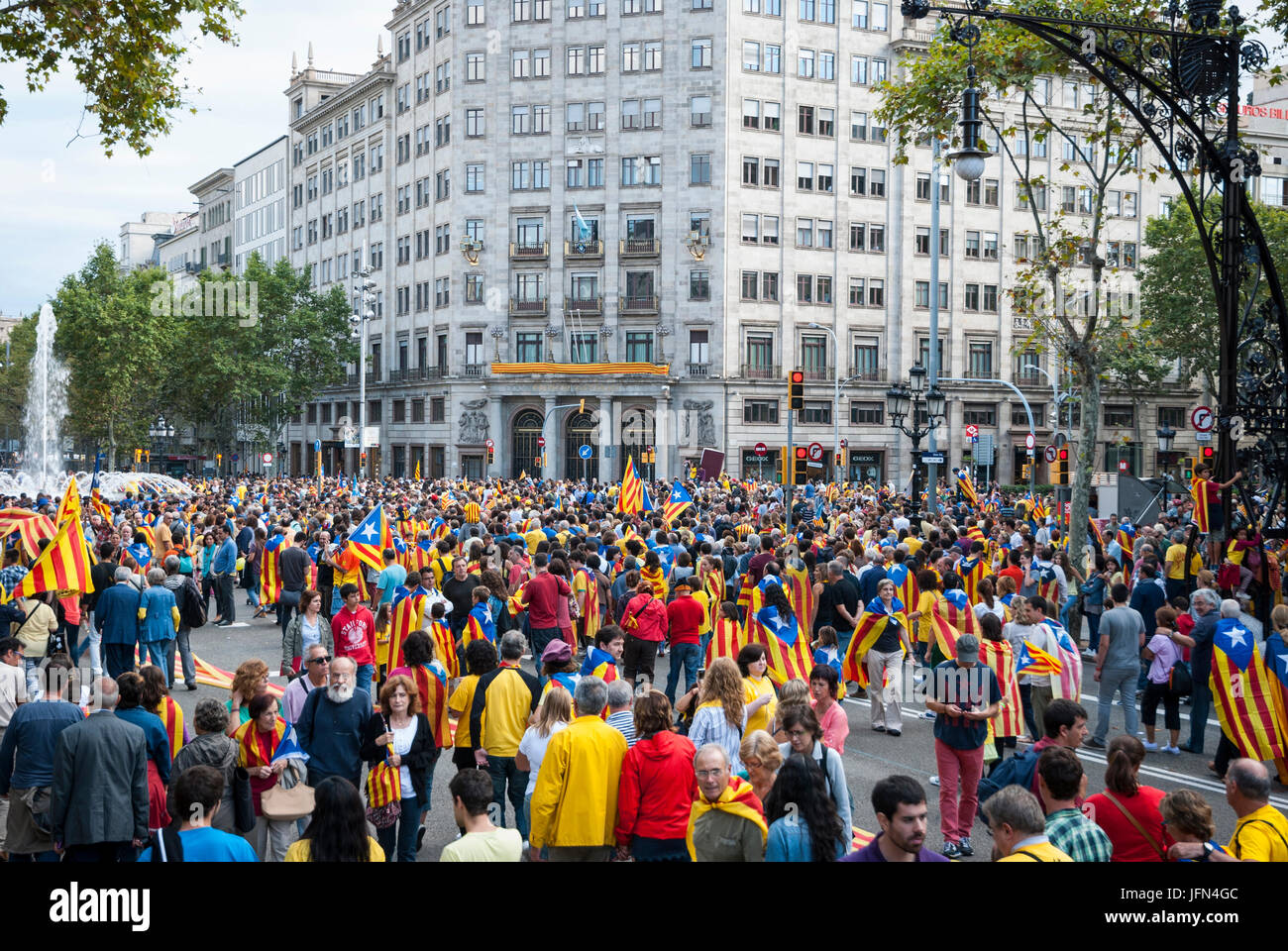 BARCELONA, SPAIN - SEPTEMBER 11: People joining the human chain 'Catalan Way' crossing all Catalonia, silent demonstration for independent Catalonia i Stock Photo