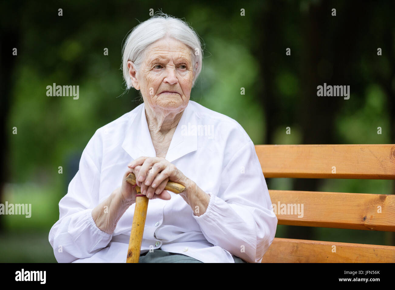 Portrait of senior woman sitting on bench in summer park Stock Photo ...