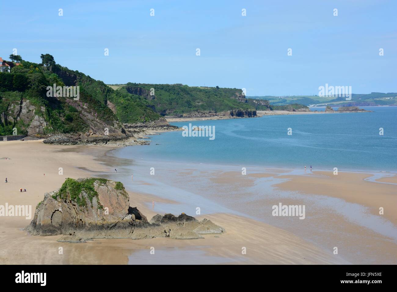 Tenby North beach and Goscar Rock Pembrokeshire Wales Cymru UK GB Stock Photo