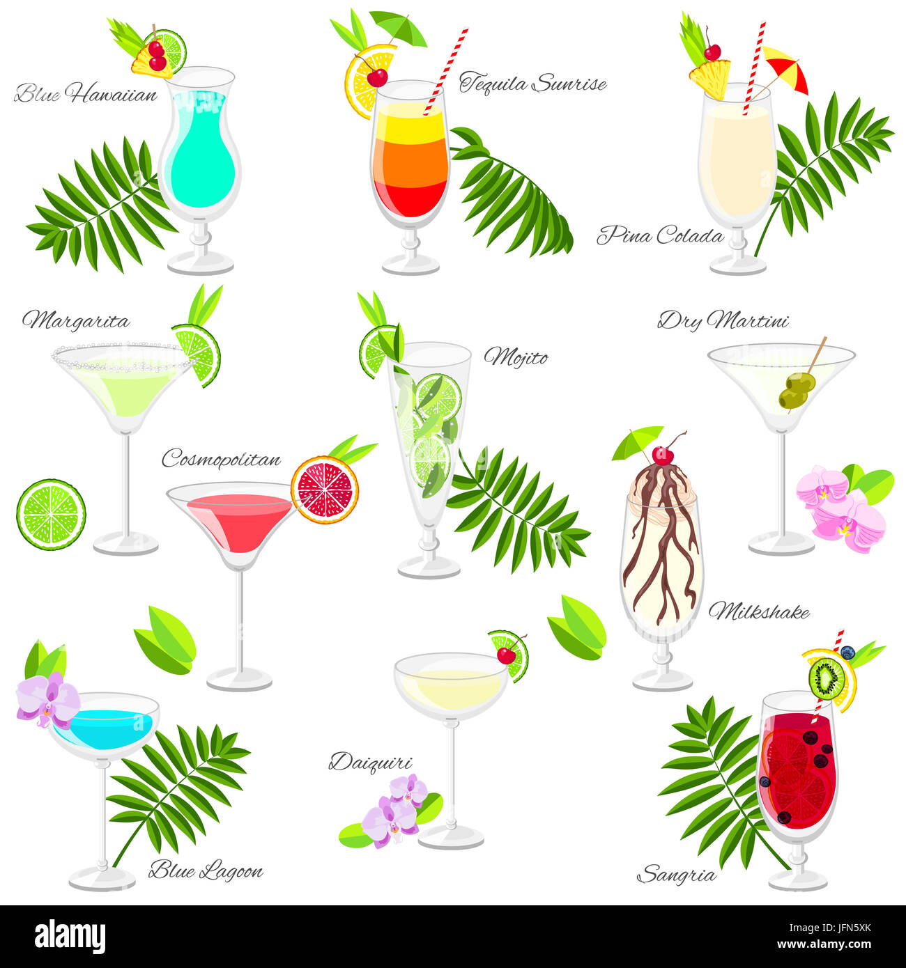 Set of popular cocktails cartoon style. Collection of summer long drinks isolated on white for restaurant, bar menu or beach party banner and flyer Stock Photo