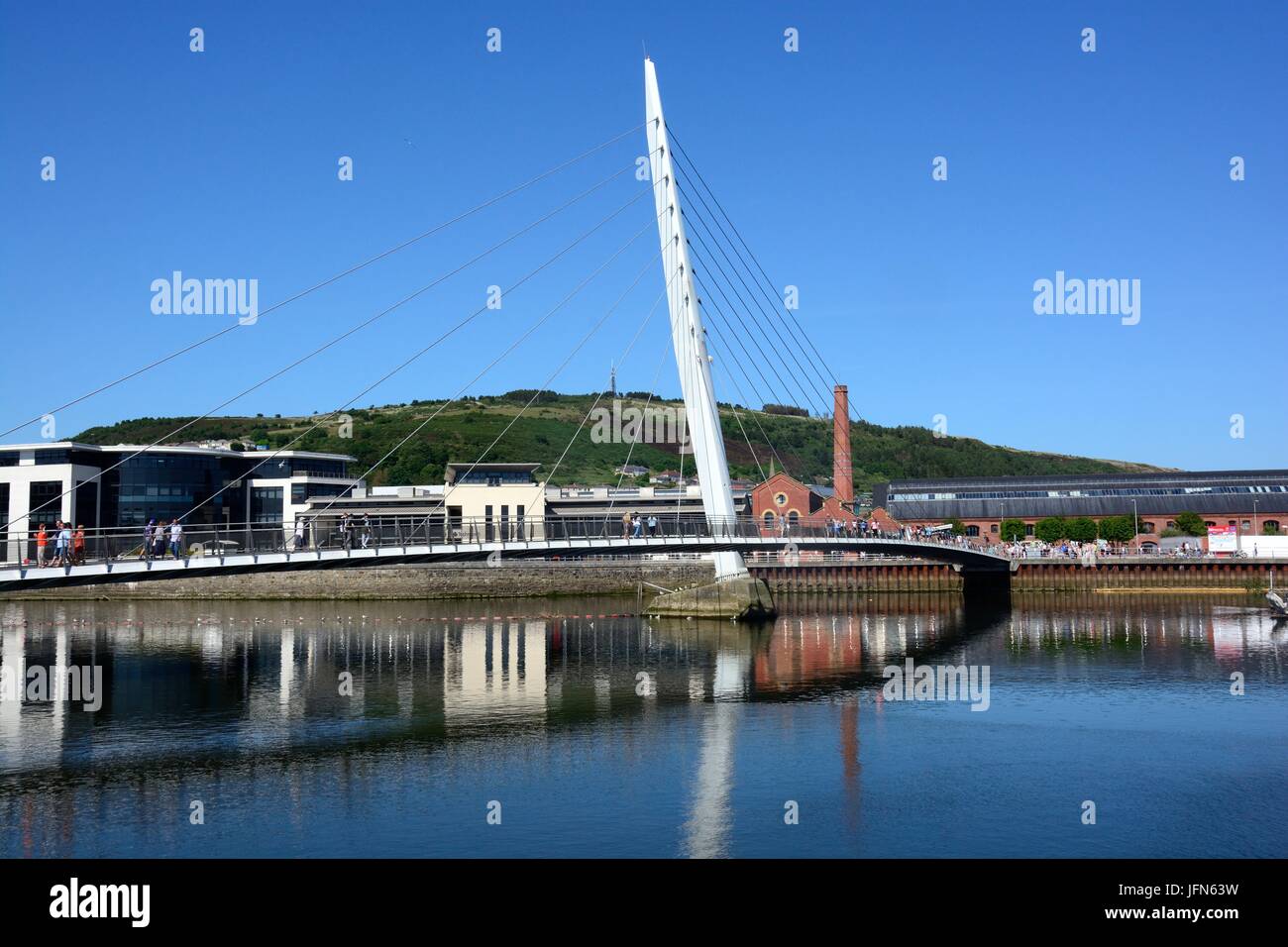 Sail Bridge footbridge across River Tawe Swansea Marina Glamorgan Wales Cymru UK GB Stock Photo
