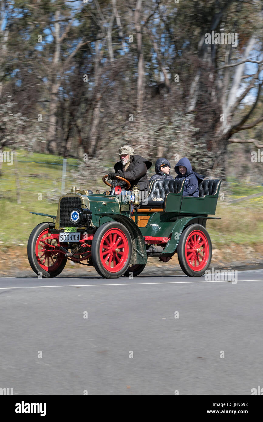 Vintage 1929 Willys Whippet Tourer driving on country roads near the town of Birdwood, South Australia. Stock Photo