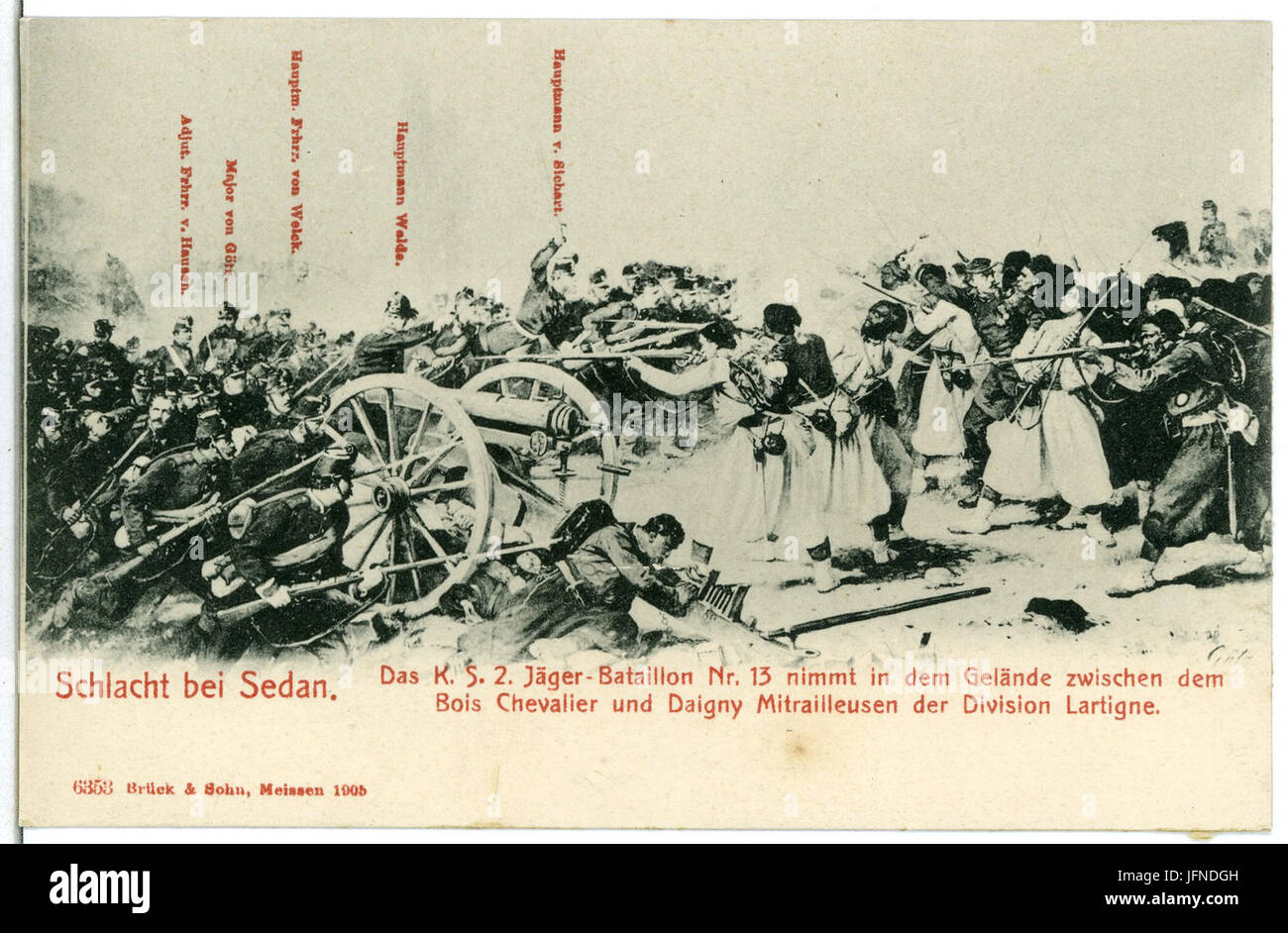 06353-Sedan-1905-Schlacht bei Sedan - Das 2. Königlich Sächsische Jäger-Bataillon im Gelände-Brück & Sohn Kunstverlag Stock Photo