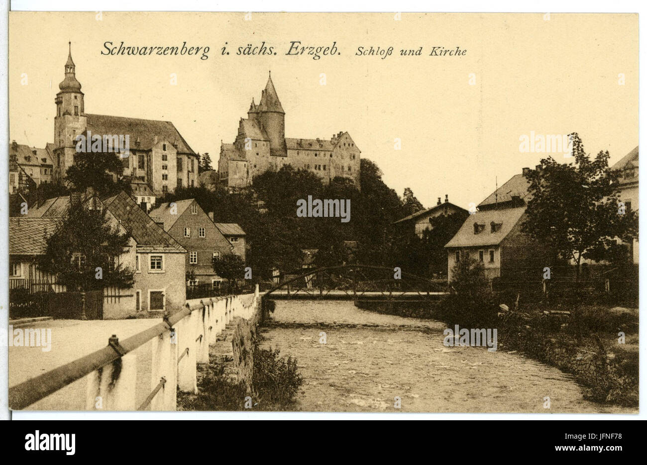 07407-Schwarzenberg-1906-Blick von der Uferstraße zum Schloß-Brück & Sohn Kunstverlag Stock Photo