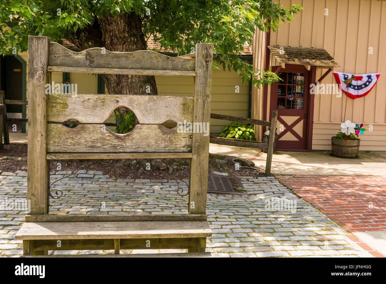 An old Pillory on display at Smithville New Jersey Stock Photo