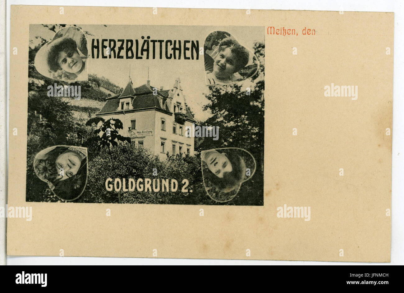09786-Meißen-1908-Herzblättchen Goldgrund 2 - Weinhandlung-Brück & Sohn Kunstverlag Stock Photo