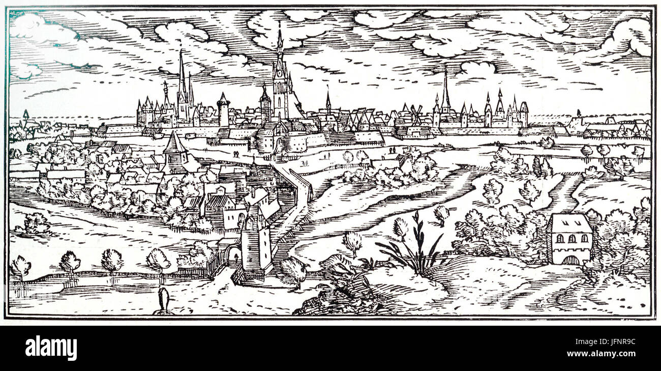 1636 Elias HolweinTypographus, Holzschnitt, Stadtansicht Hannover mit Calenberger Neustadt, gesehen von der Ihmebrücke aus, Typus civitatis Hannoverae Stock Photo