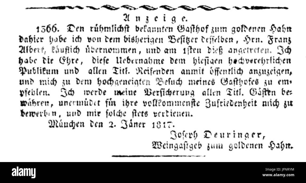 1817-01-02 Anzeige der Übernahme des  Gasthofs zum goldenen Hahn  durch Joseph Deuringer Stock Photo