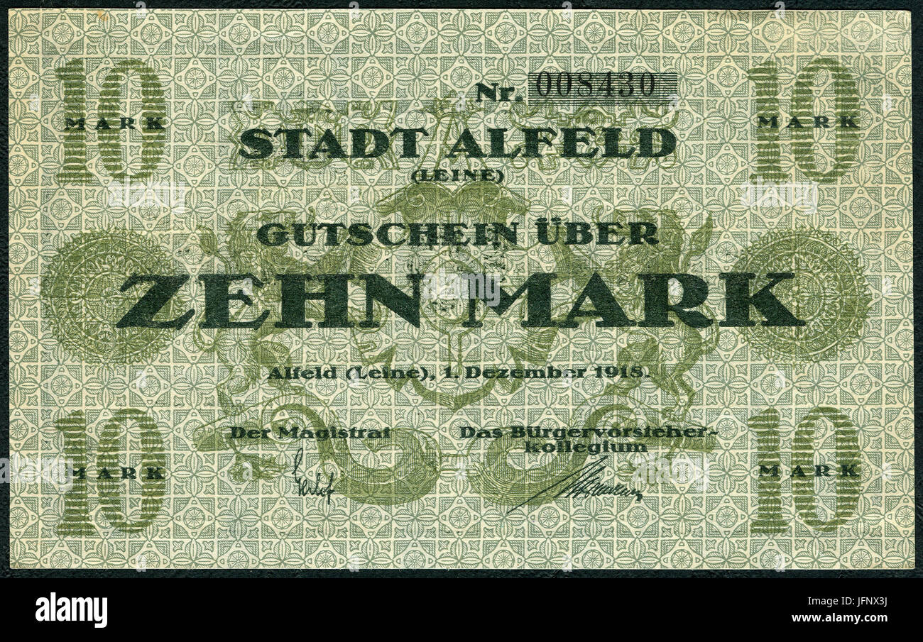 1918-12-01 Stadt Alfeld (Leine) Gutschein über 10 Mark Unterschrift Der Magistrat Das Bürgervorsteher-Kollegium Stock Photo