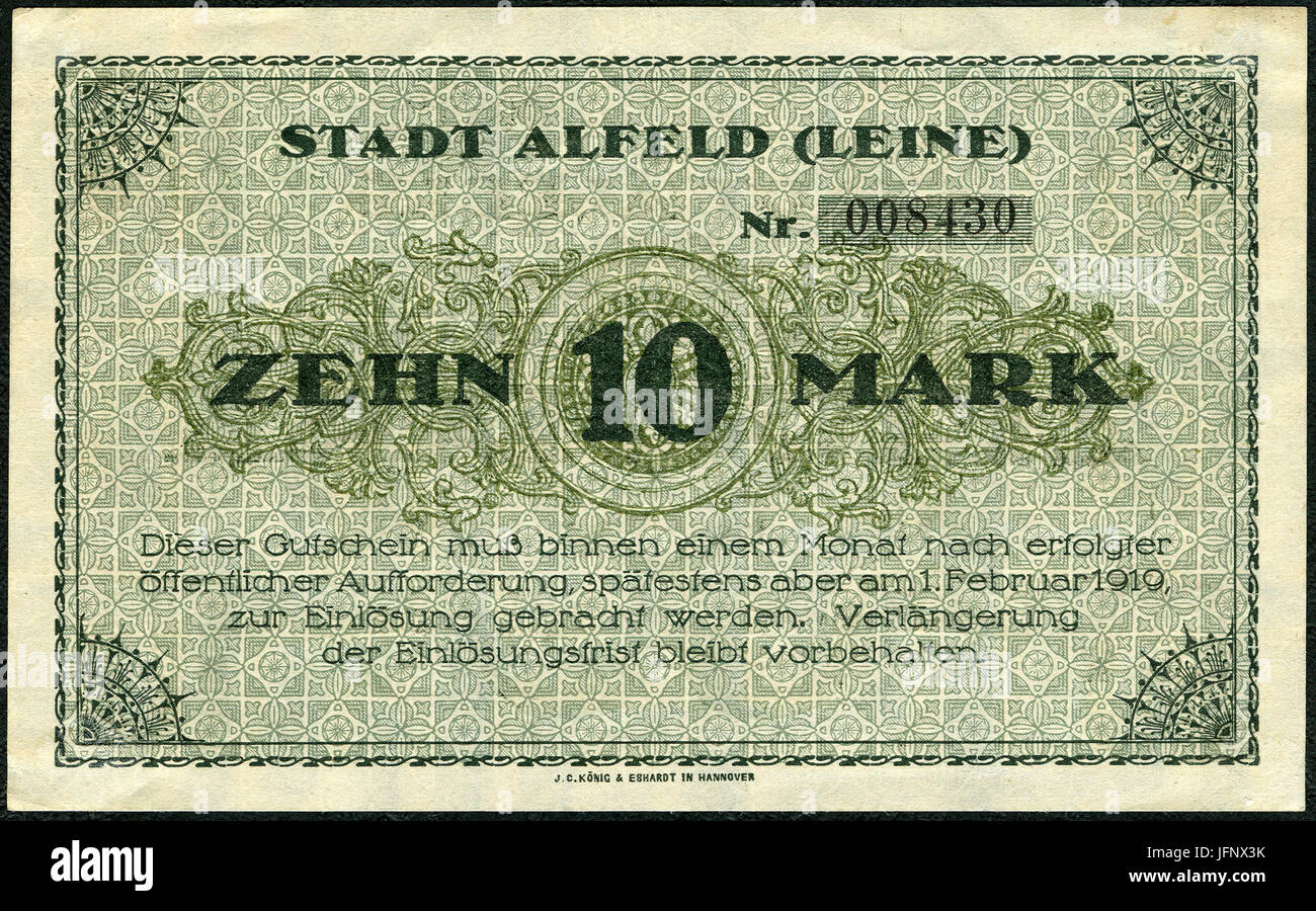 1918-12-01 Stadt Alfeld (Leine) Gutschein über 10 Mark ... am 1. Februar 1919 zur Einlösung ... J. C. König & Ebhardt in Hannover Stock Photo
