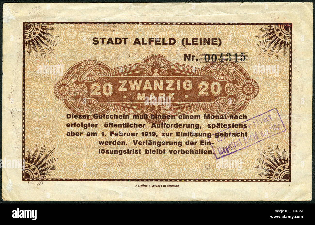 1918-12-01 Stadt Alfeld (Leine) Gutschein über 20 Mark ... am 1. Februar 1919 zur Einlösung ... J. C. König & Ebhardt in Hannover, Entwertet Stempel Stock Photo