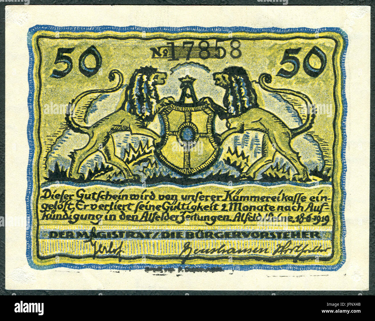 1919-06-18 Stadt Alfeld (Leine) Gutschein über 0,50 Mark fünzig Pfennig Käte Reiche Unterschrift Magistrat Bürgervorsteher Alfelder Zeitungen Löwen Schild Wappen Stock Photo