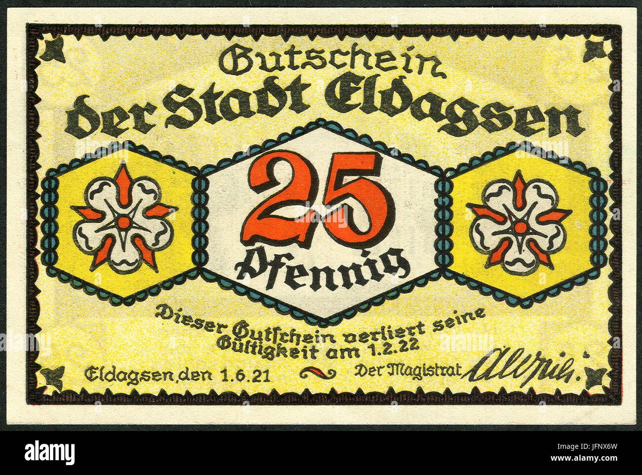 1921-06-01 Gutschein der Stadt Eldagsen, 0,25 Mark 25 Pfennig, gültig bis 1. Februar 19 , a, faksimilierte Unterschrift der Magistrat Stock Photo