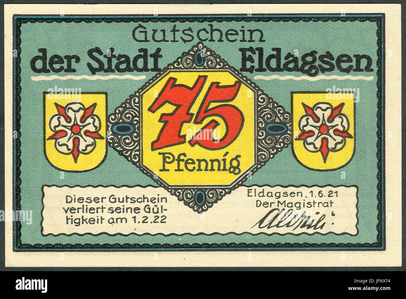 1921-06-01 Gutschein der Stadt Eldagsen, 0,75 Mark 75 Pfennig, gültig bis 1. Februar 19 , a, faksimilierte Unterschrift der Magistrat Stock Photo