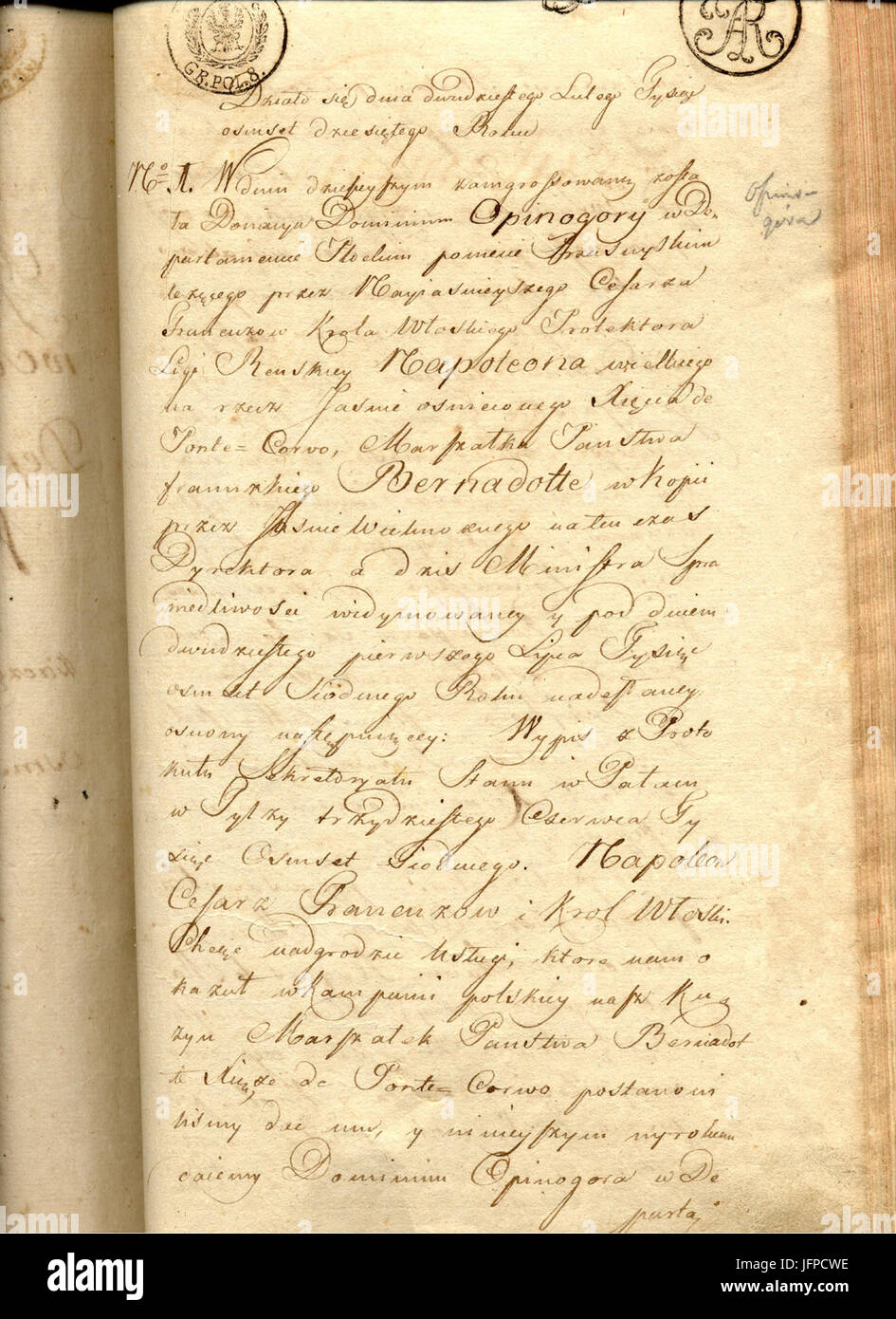 AGAD Wpis do księgi hipotecznej potwierdzający akt nadania dóbr ziemskich Opinogóry księciu de Ponte-Corvo 1 Stock Photo