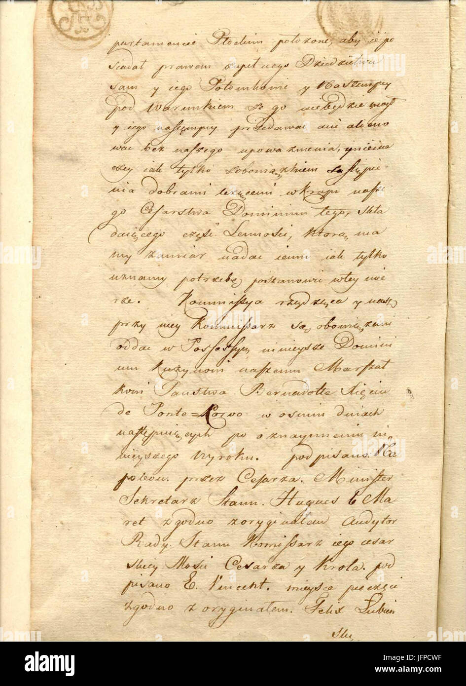 AGAD Wpis do księgi hipotecznej potwierdzający akt nadania dóbr ziemskich Opinogóry księciu de Ponte-Corvo 2 Stock Photo