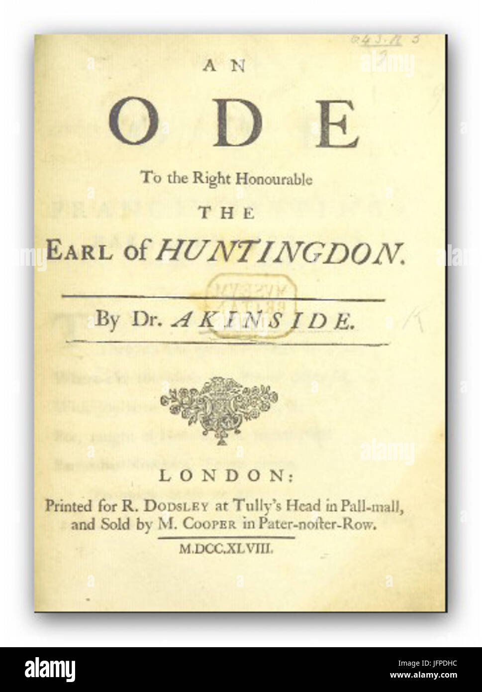 AKENSIDE28174829 An Ode to the Right Honourable Earl of Huntingdon Stock Photo