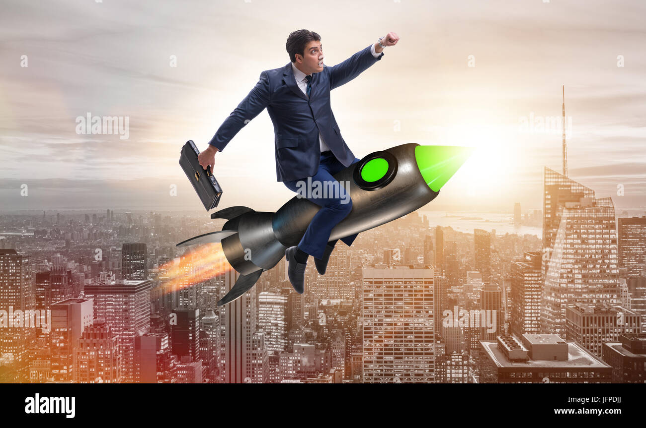 Male businessman flying on rocket in business concept Stock Photo - Alamy