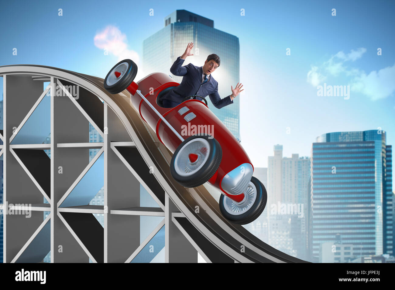 Businessman driving sports car on roller coaster Stock Photo Alamy