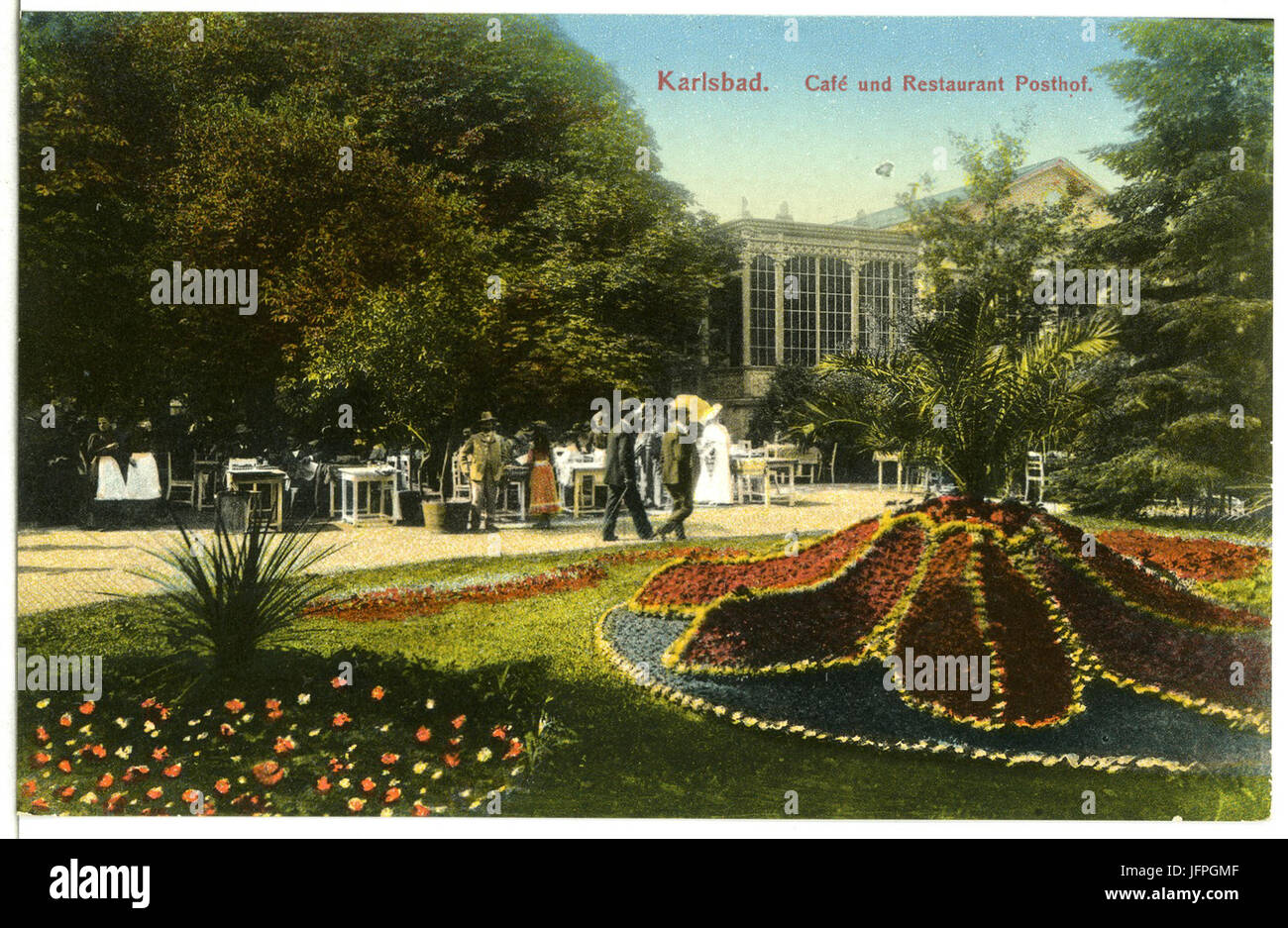 This 1910 postcard showcases Café and Restaurant Posthof in Karlovy Vary, Czech Republic. The image highlights the historical establishment and its surroundings, offering a glimpse of the local architecture and parks. Stock Photo