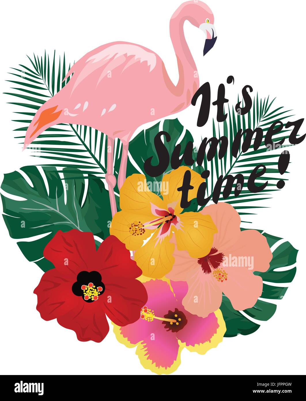 Vector illustration of tropical background with flowers, flamingo ...