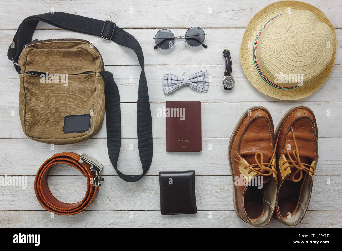 Top view to travel with clothing concept on wood items bow tie,wallet, leather shoes,watch,sunglasses,bag,hat,bel Stock Photo Alamy