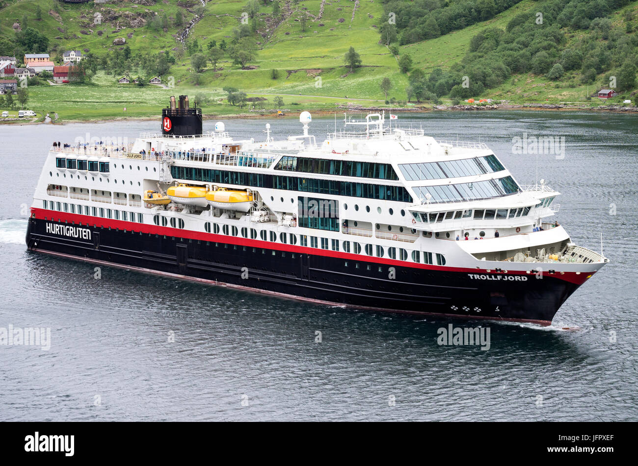 Hurtigruten coastal vessel TROLLFJORD in the Geirangerfjord, Norway Stock Photo