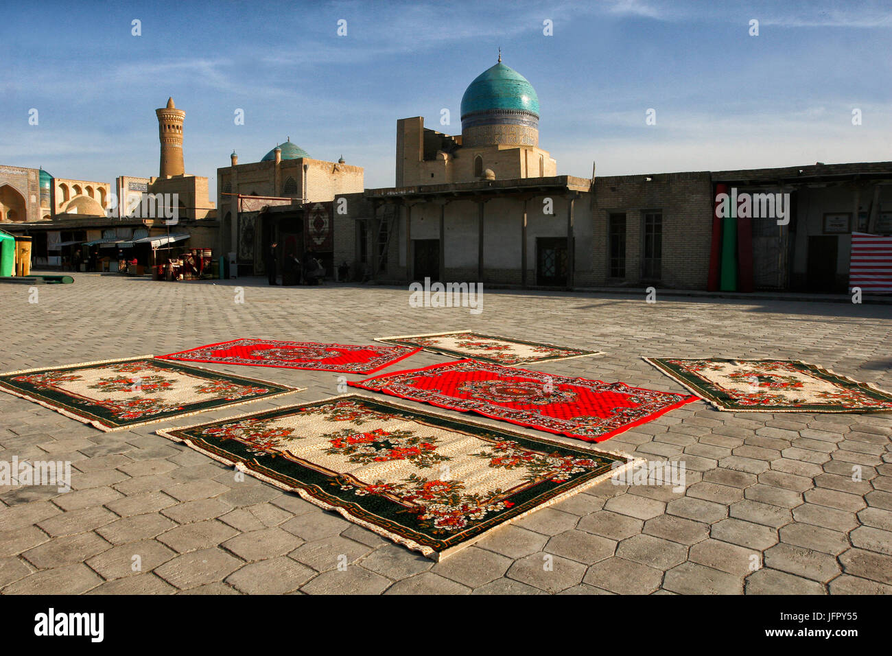 Sale of carpets on the market in Bukhara, Uzbekistan Stock Photo