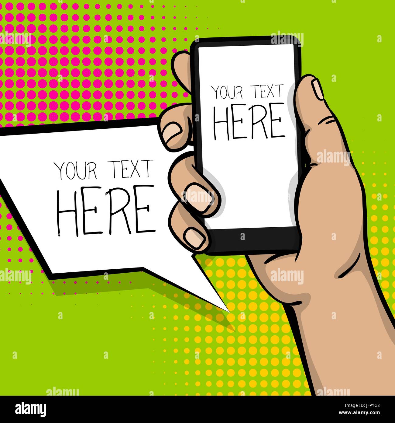 Pop art comic text cartoon man hand hold smart phone touch screen. Human guy wow poster halftone dot background. Blank speech bubble advertisement bal Stock Vector