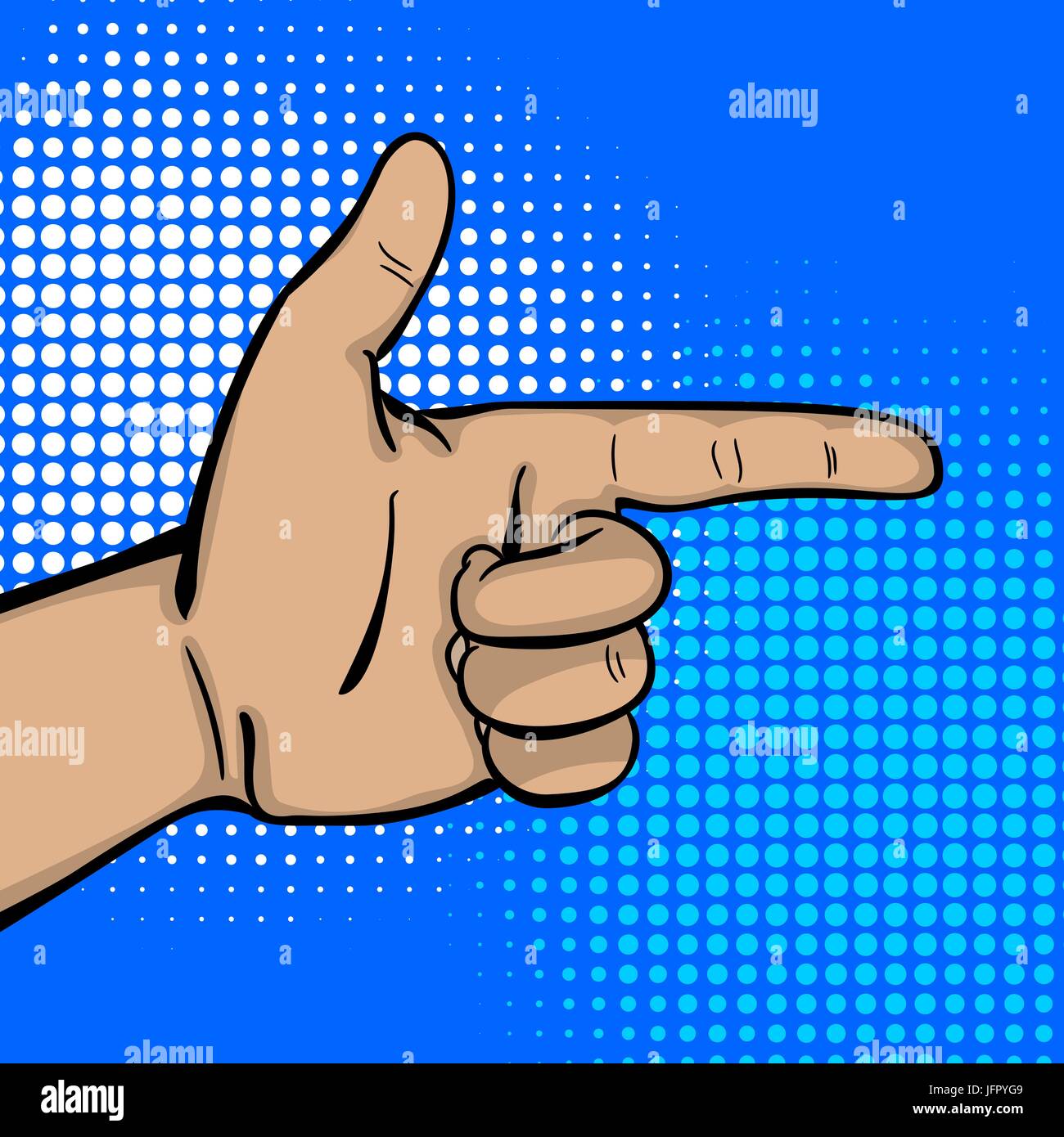 Pop art comic text cartoon strong man hand show finger pointer. Human guy wow poster halftone dot background. Gesture advertisement arm message. Brigh Stock Vector