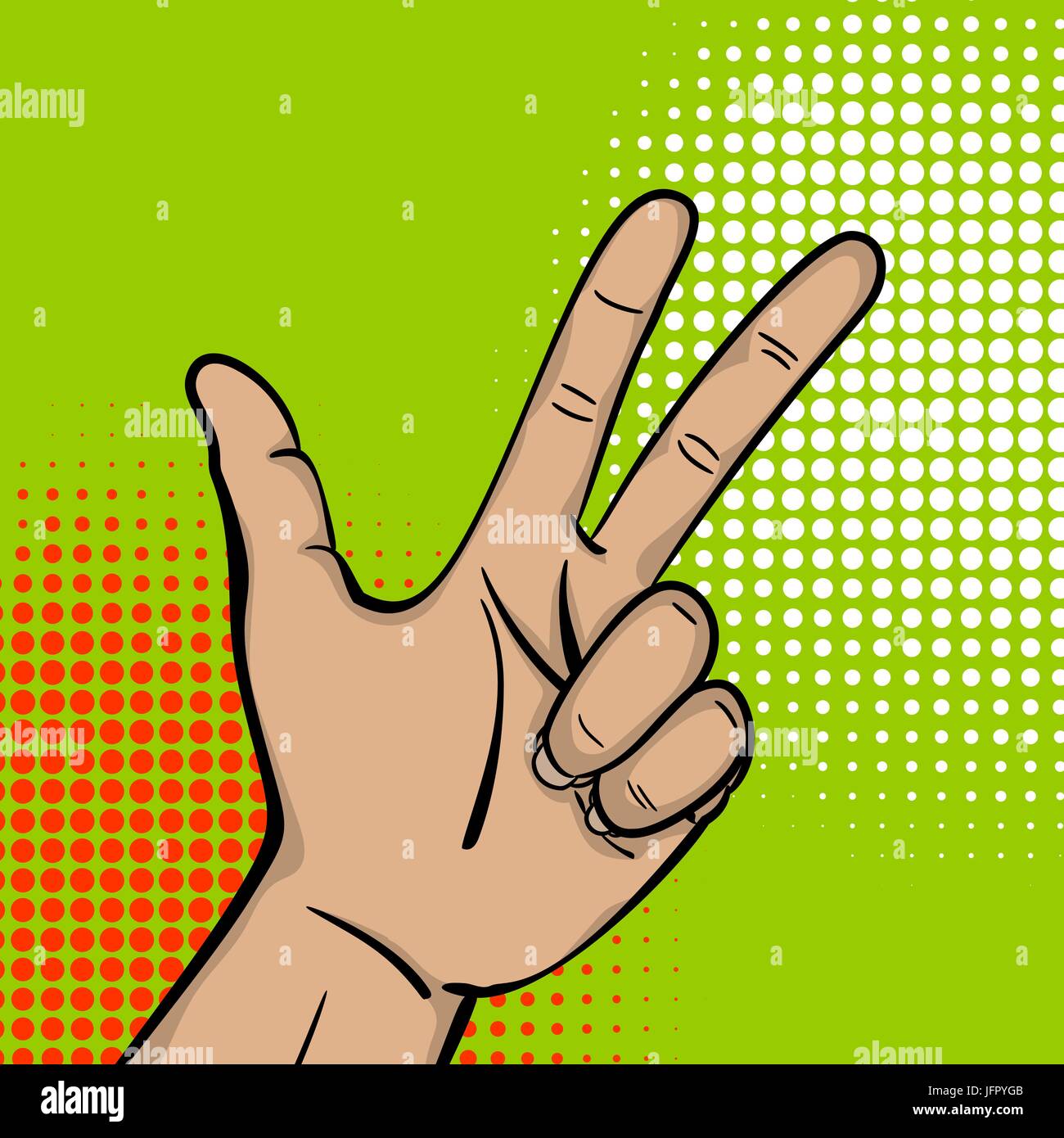 Pop art comic text cartoon strong man hand show number three finger. Human guy wow poster halftone dot background. Gesture advertisement arm message.  Stock Vector