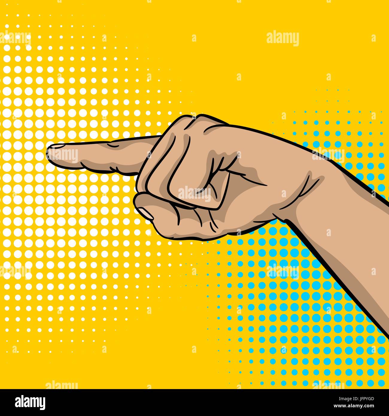 Pop art comic text cartoon strong man hand show finger pointer. Human guy wow poster halftone dot background. Gesture advertisement arm message. Brigh Stock Vector