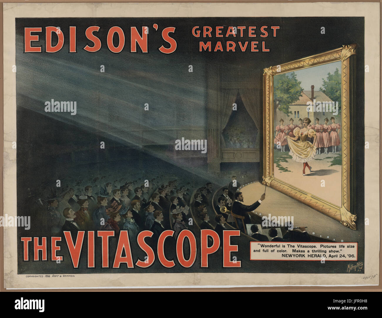 Motion picture poster for 'Edison's greatest marvel--The Vitascope' show movie audience watching large screen with woman dancing on screen and others in background watching. 1896 Stock Photo