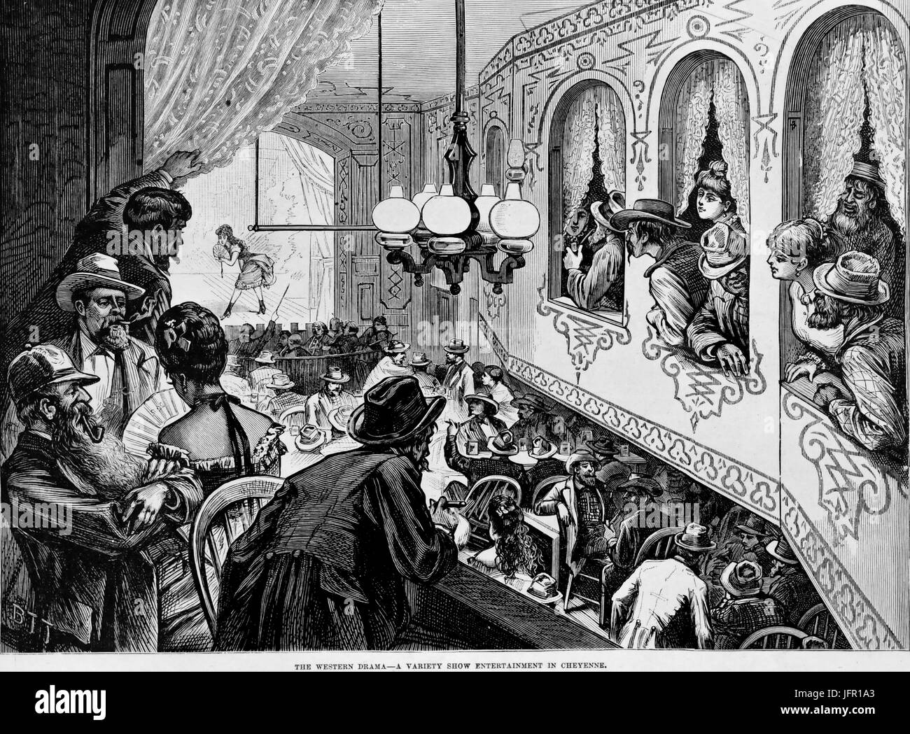 Illustration showing a variety show entertainment in a saloon, Cheyenne, WY, 1870s. Stock Photo