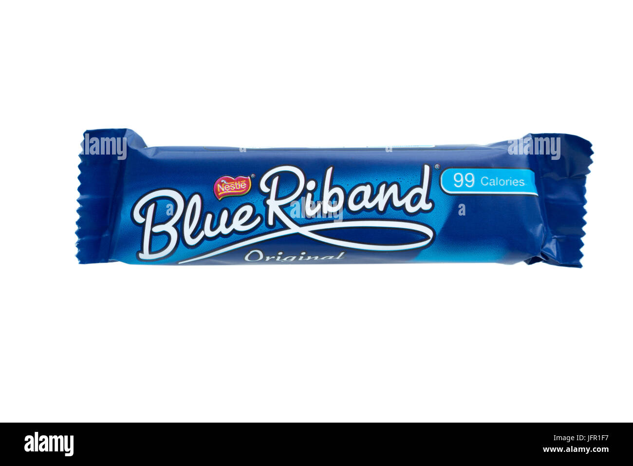 An Individually Wrapped British Blue Riband Biscuit Wafer Bar Cut Out On A White Background Stock Photo