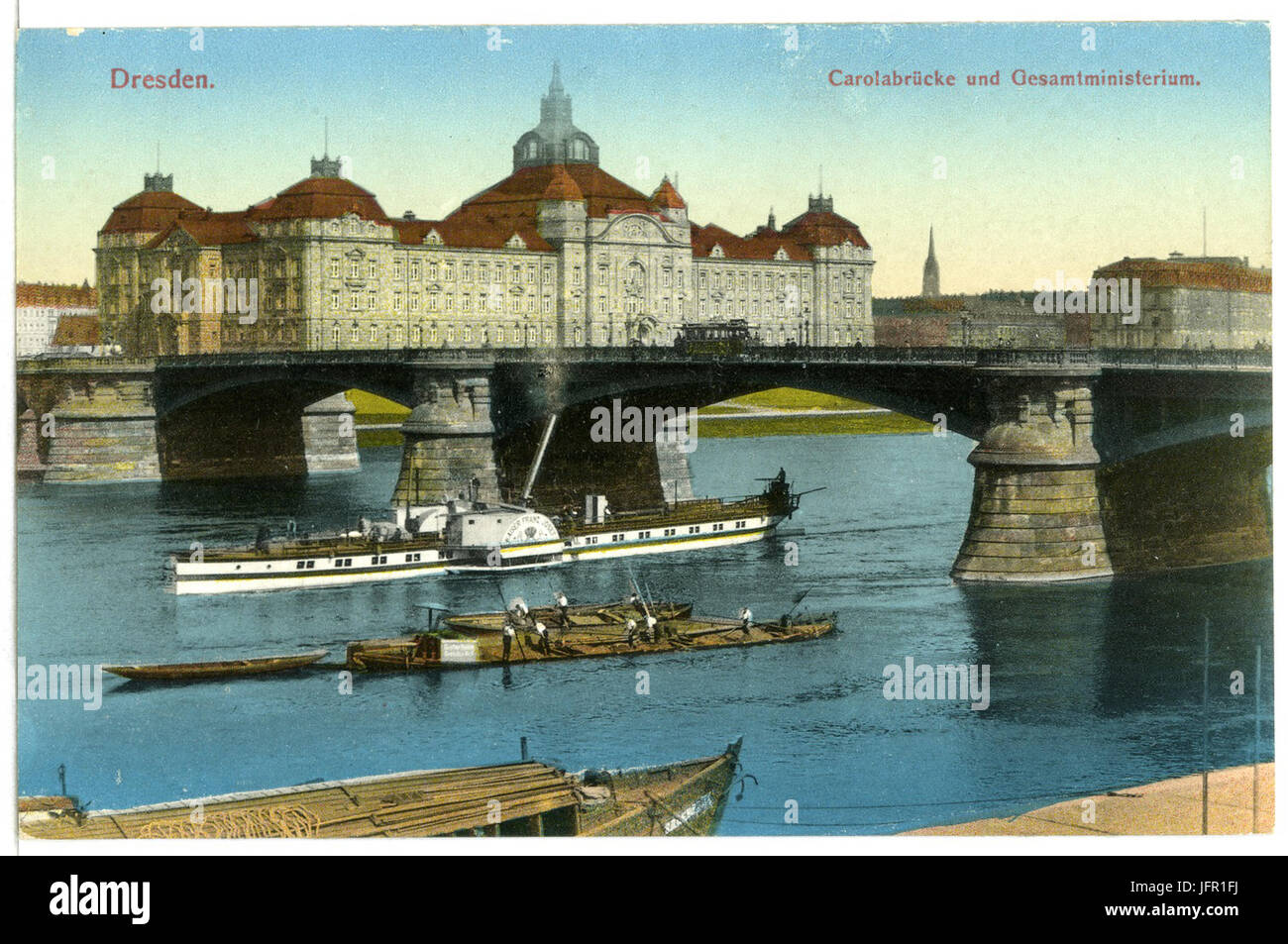 1 33-Dresden-1910-Gesamtministerium, Carolabrücke, Dampfer Kaiser Franz Josef-Brück & Sohn Kunstverlag Stock Photo